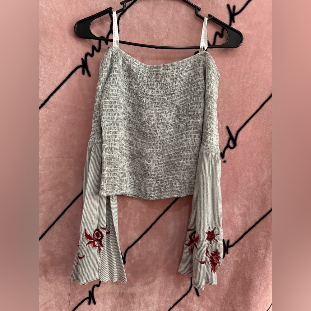 Guess Off-Shoulder Top with Embroidered Sleeves